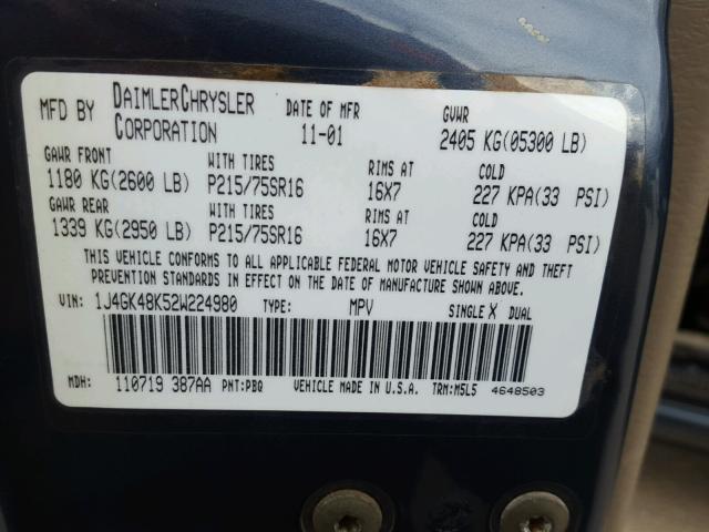 1J4GK48K52W224980 - 2002 JEEP LIBERTY SP BLUE photo 10
