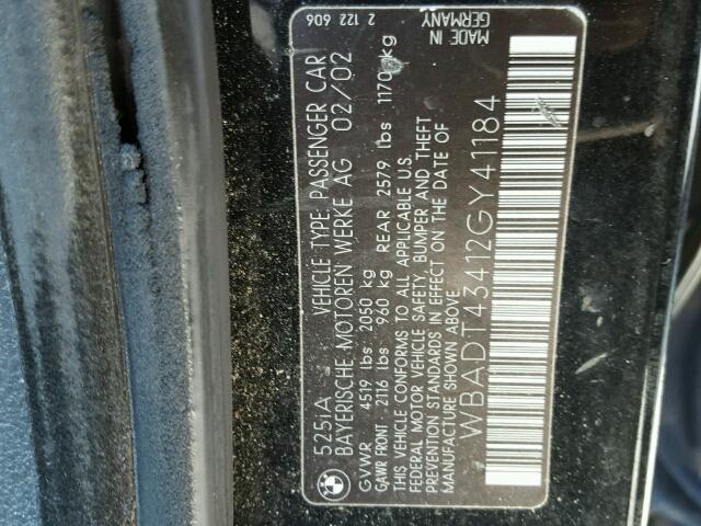 WBADT43412GY41184 - 2002 BMW 525 I AUTO BLACK photo 10