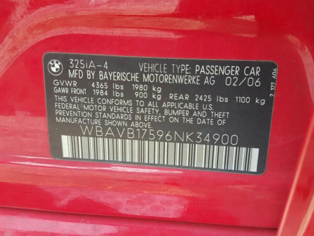 WBAVB17596NK34900 - 2006 BMW 325 I AUTO RED photo 10