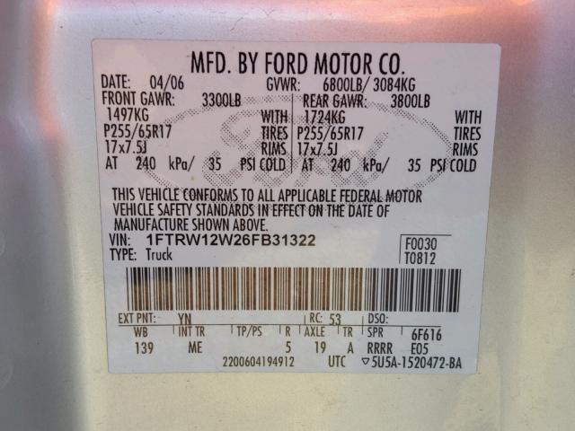 1FTRW12W26FB31322 - 2006 FORD F150 SILVER photo 10