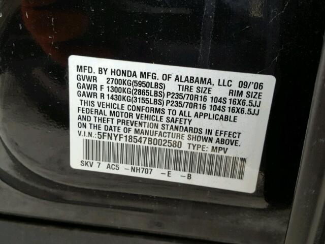 5FNYF18547B002580 - 2007 HONDA PILOT EXL BLACK photo 10