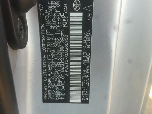 JTKDE167X80268958 - 2008 TOYOTA SCION TC 银色 照片 10