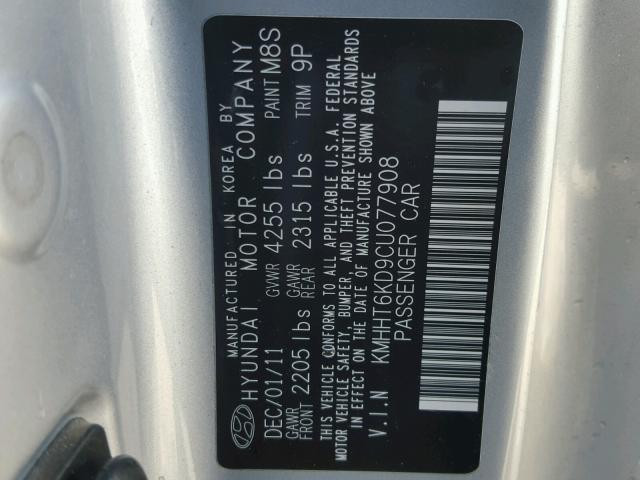 KMHHT6KD9CU077908 - 2012 HYUNDAI GENESIS CO SILVER photo 10