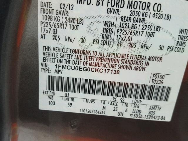 1FMCU0EG0CKC17138 - 2012 FORD ESCAPE SILVER photo 10