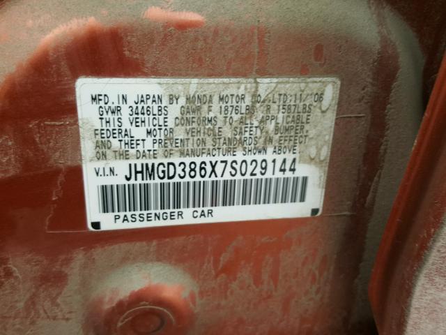 JHMGD386X7S029144 - 2007 HONDA FIT S ORANGE photo 10