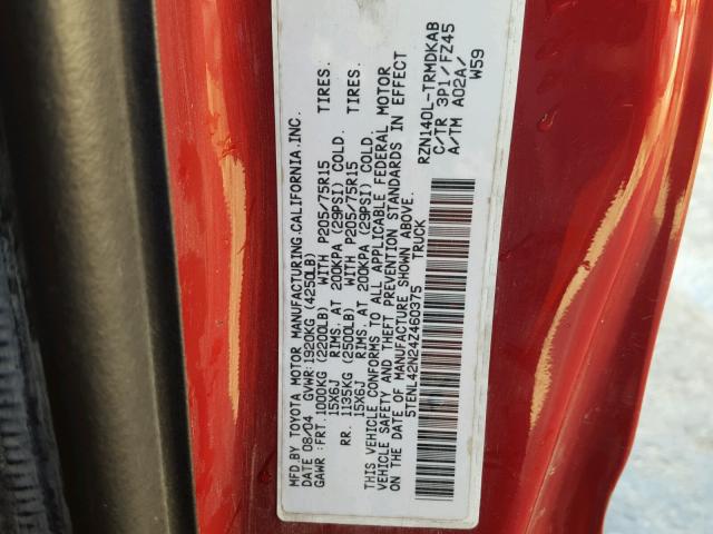 5TENL42N24Z460375 - 2004 TOYOTA TACOMA RED photo 10