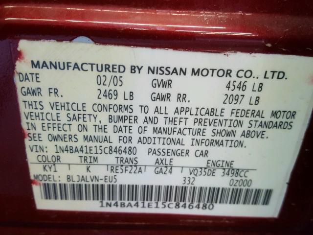 1N4BA41E15C846480 - 2005 NISSAN MAXIMA SE RED photo 10