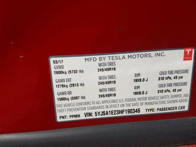 5YJSA1E23HF190346 - 2017 TESLA MODEL S RED photo 10