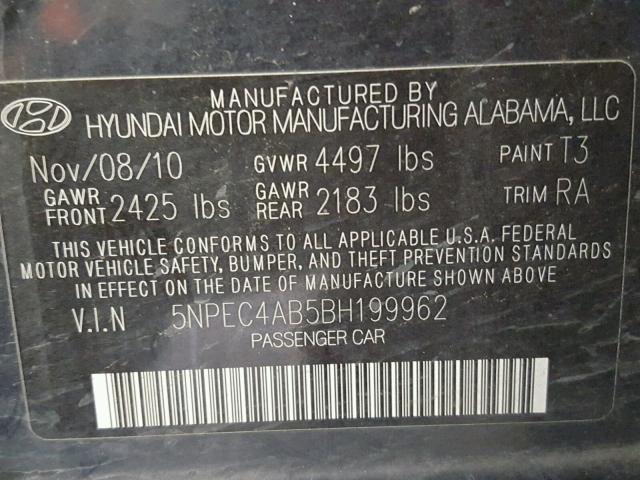 5NPEC4AB5BH199962 - 2011 HYUNDAI SONATA SE GRAY photo 10