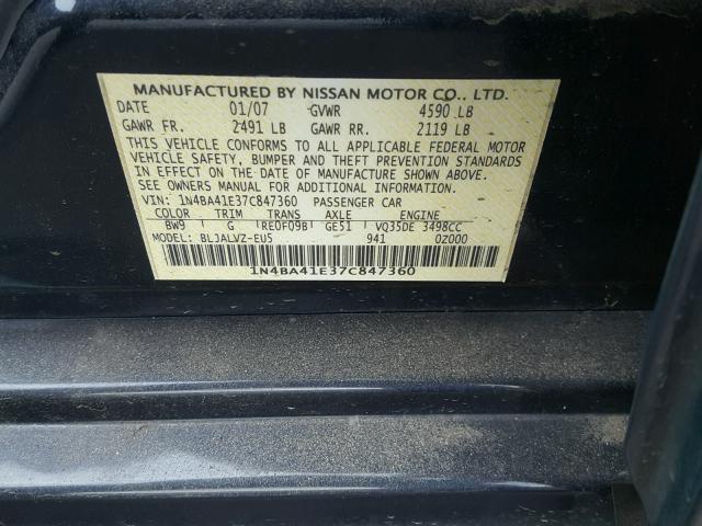 1N4BA41E37C847360 - 2007 NISSAN MAXIMA SE BLACK photo 10