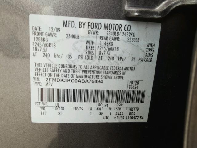 2FMDK3KC0ABA76494 - 2010 FORD EDGE LIMIT GRAY photo 10