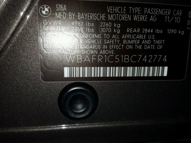 WBAFR1C51BC742774 - 2011 BMW 528 I SILVER photo 10