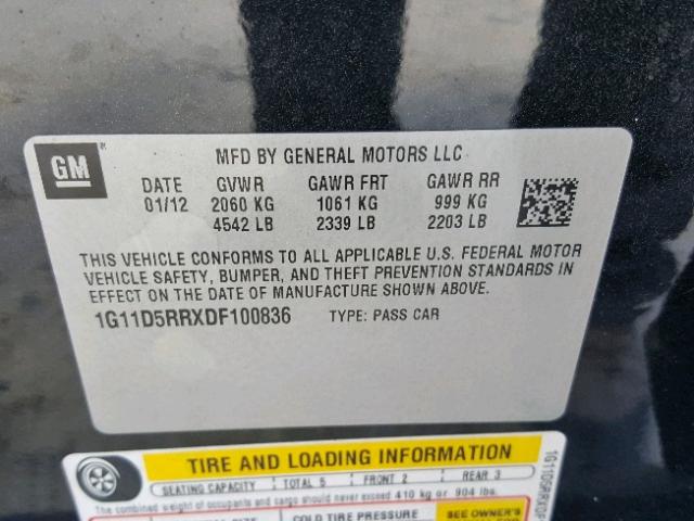 1G11D5RRXDF100836 - 2013 CHEVROLET MALIBU 1LT BLACK photo 10