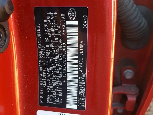 4T1BF3EK7BU183049 - 2011 TOYOTA CAMRY BASE RED photo 10