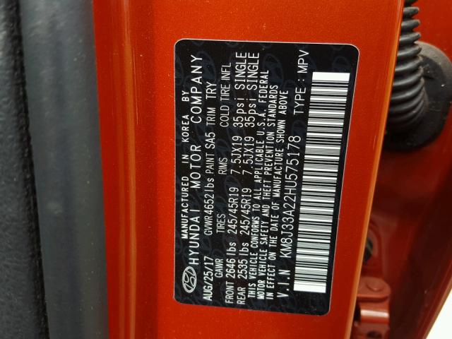 KM8J33A22HU575178 - 2017 HYUNDAI TUCSON LIM ORANGE photo 10