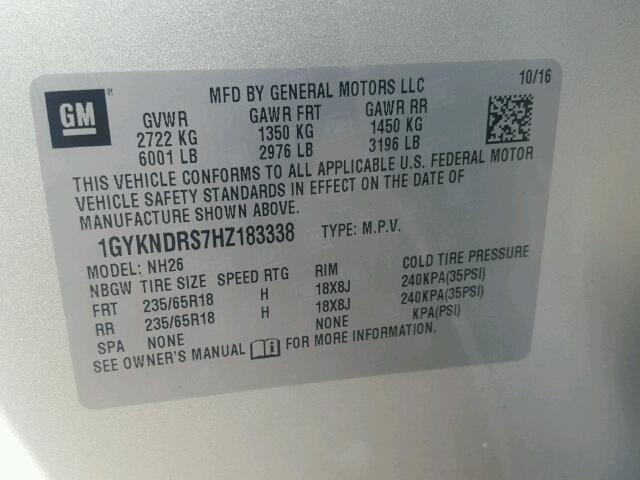 1GYKNDRS7HZ183338 - 2017 CADILLAC XT5 LUXURY SILVER photo 10