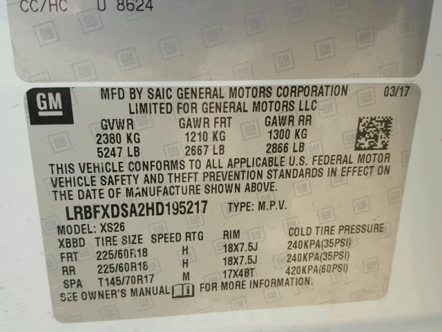 LRBFXDSA2HD195217 - 2017 BUICK ENVISION E WHITE photo 10