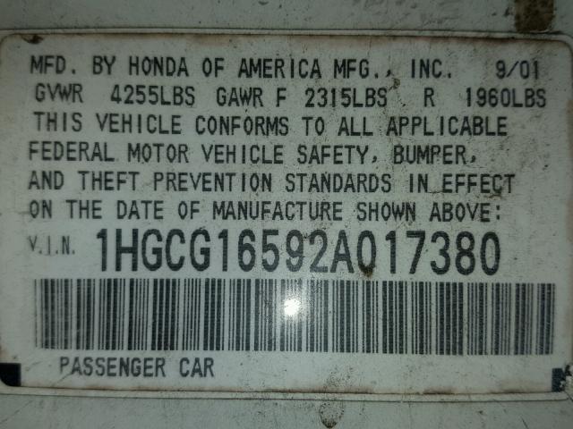 1HGCG16592A017380 - 2002 HONDA ACCORD WHITE photo 10