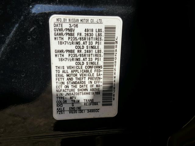 JN8AZ08T56W419769 - 2006 NISSAN MURANO BLACK photo 10