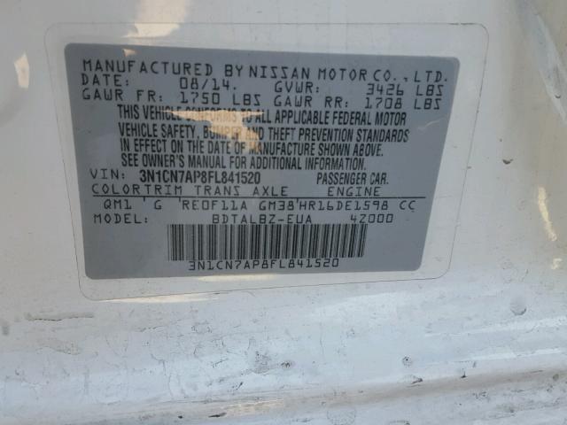 3N1CN7AP8FL841520 - 2015 NISSAN VERSA S WHITE photo 10