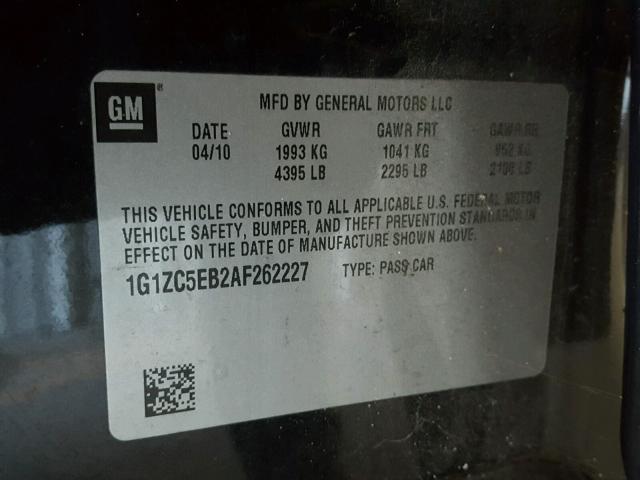 1G1ZC5EB2AF262227 - 2010 CHEVROLET MALIBU 1LT 黑色 照片 10