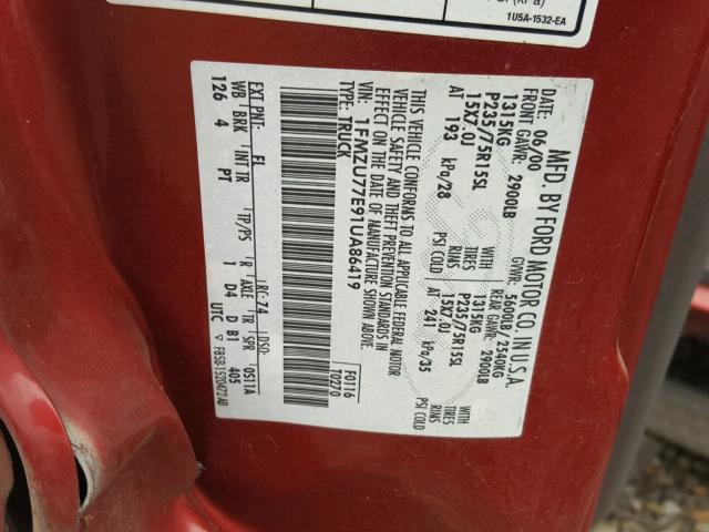 1FMZU77E91UA86419 - 2001 FORD EXPLORER S BURGUNDY photo 10