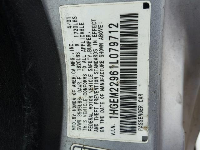 1HGEM22961L079712 - 2001 HONDA CIVIC SI GRAY photo 10