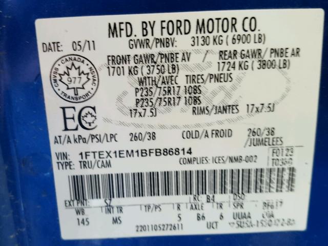 1FTEX1EM1BFB86814 - 2011 FORD F150 BLUE photo 10