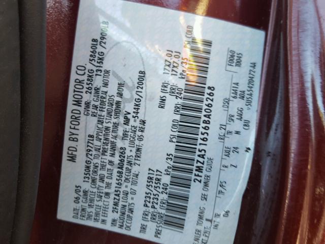 2FMZA51656BA06268 - 2006 FORD FREESTAR S BURGUNDY photo 10