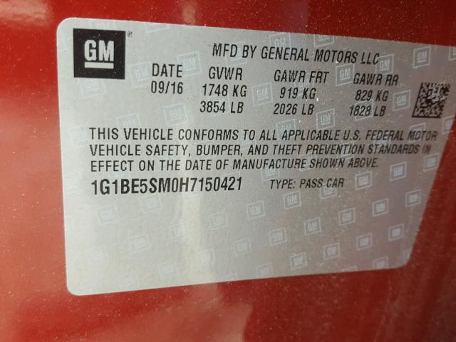 1G1BE5SM0H7150421 - 2017 CHEVROLET CRUZE LT RED photo 10