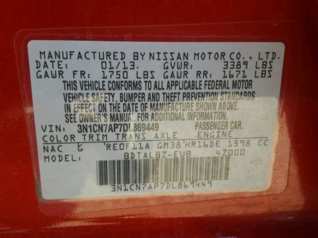 3N1CN7AP7DL869449 - 2013 NISSAN VERSA S Qırmızı foto 10