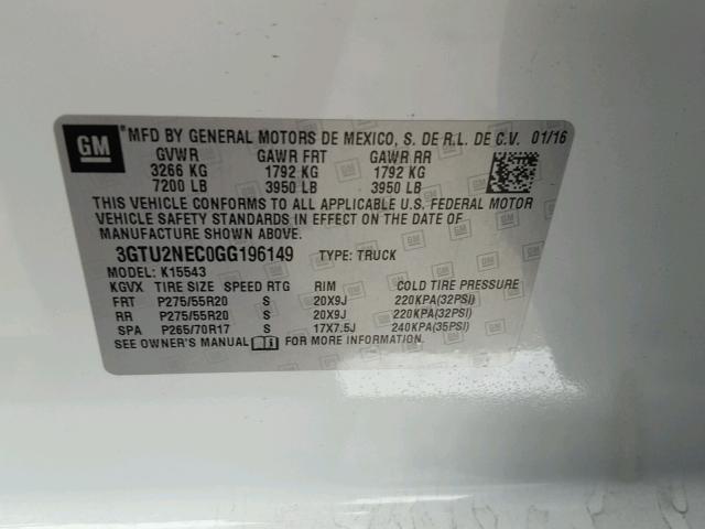 3GTU2NEC0GG196149 - 2016 GMC SIERRA K15 WHITE photo 10