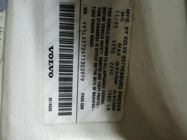 YV1LS5724T1303979 - 1996 VOLVO 850 Սպիտակ լուսանկար 10