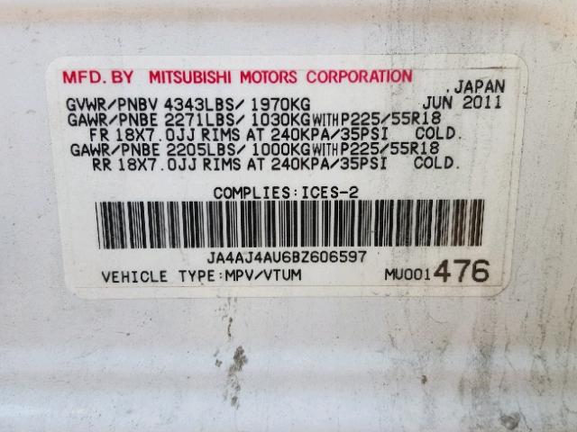 JA4AJ4AU6BZ606597 - 2011 MITSUBISHI RVR GT WHITE photo 10