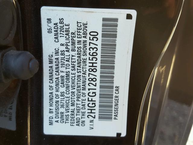 2HGFG12878H563750 - 2008 HONDA CIVIC EX BLACK photo 10