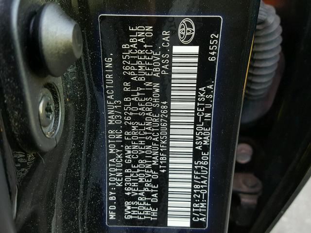 4T1BF1FK5DU672684 - 2013 TOYOTA CAMRY 黑色 照片 10