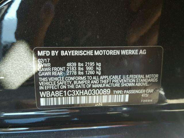 WBA8E1C3XHA030089 - 2017 BMW 330E BLACK photo 10