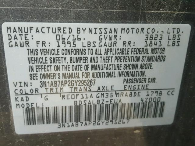 3N1AB7AP2GY295267 - 2016 NISSAN SENTRA S GRAY photo 10