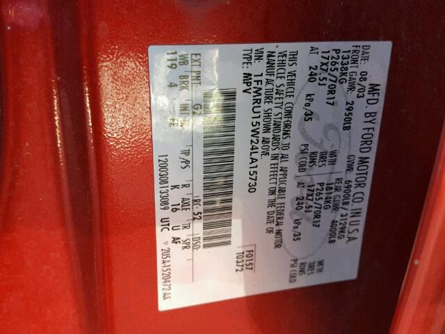 1FMRU15W24LA15730 - 2004 FORD EXPEDITION RED photo 10