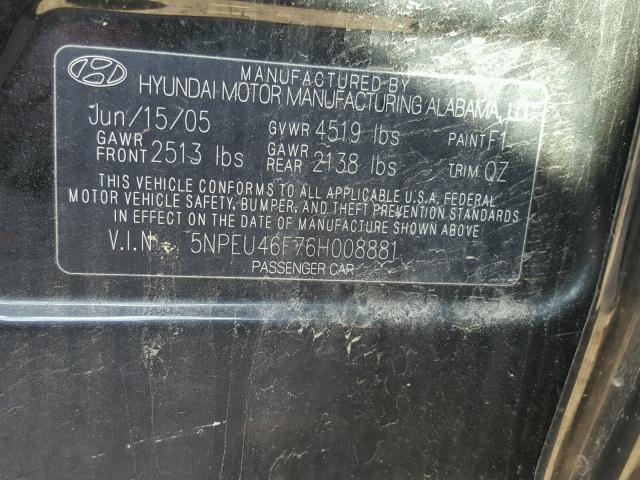 5NPEU46F76H008881 - 2006 HYUNDAI SONATA BLACK photo 10