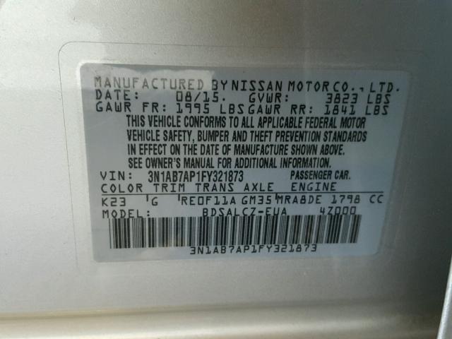 3N1AB7AP1FY321873 - 2015 NISSAN SENTRA S SILVER photo 10