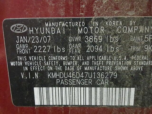 KMHDU46D47U136279 - 2007 HYUNDAI ELANTRA MAROON photo 10