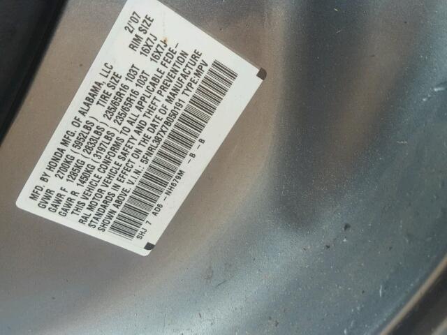 5FNRL387X7B050191 - 2007 HONDA ODYSSEY EX SILVER photo 10