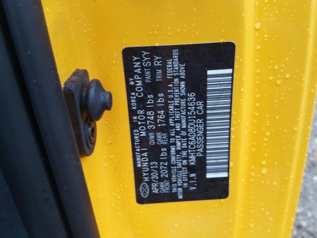 KMHTC6AD8DU154636 - 2013 HYUNDAI VELOSTER B YELLOW photo 10