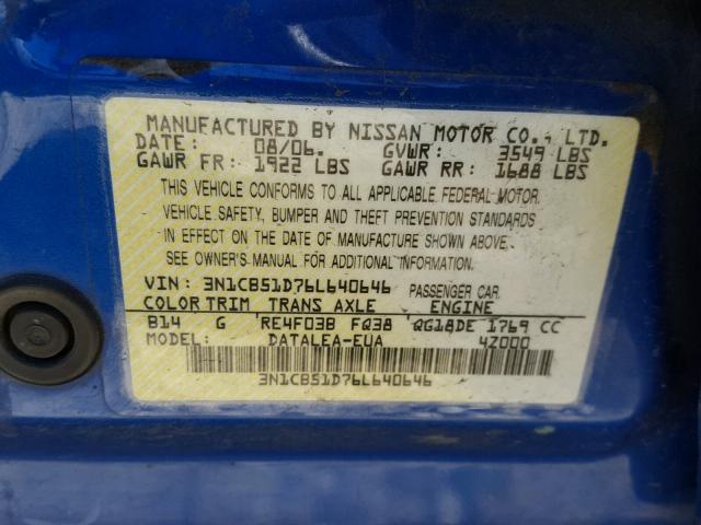 3N1CB51D76L640646 - 2006 NISSAN SENTRA 1.8 BLUE photo 10