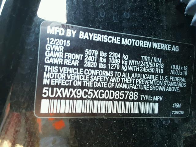 5UXWX9C5XG0D85788 - 2016 BMW X3 XDRIVE2 BLACK photo 10