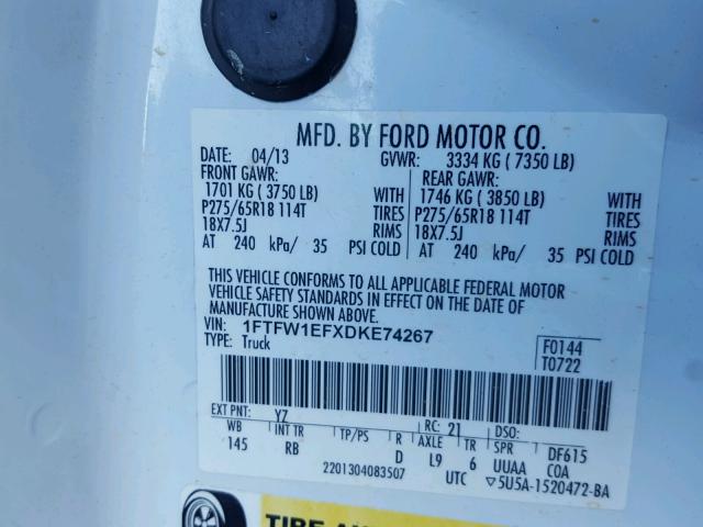 1FTFW1EFXDKE74267 - 2013 FORD F150 SUPER WHITE photo 10