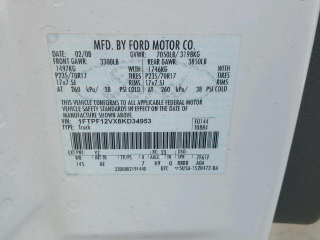 1FTPF12VX8KD34953 - 2008 FORD F150 WHITE photo 10