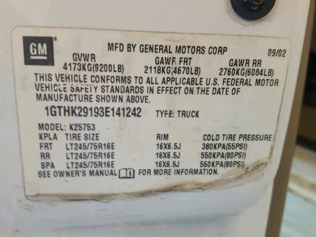 1GTHK29193E141242 - 2003 GMC SIERRA K25 WHITE photo 10