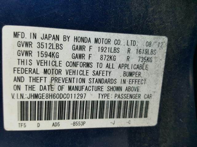 JHMGE8H60DC011297 - 2013 HONDA FIT SPORT BLUE photo 10